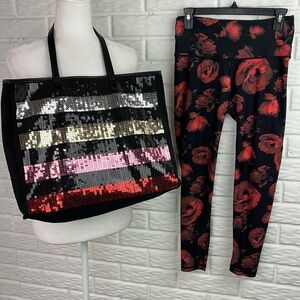 VICTORIA’S SECRET SPORT BUNDLE SEQUIN TOTE AND FLORAL SPANDEX LEGGINGS SIZE MED